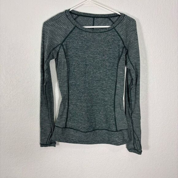 Lululemon Heathered Green Striped Side Scoop Neck Workout Long Sleeve Top Size 4 - Picture 1 of 7